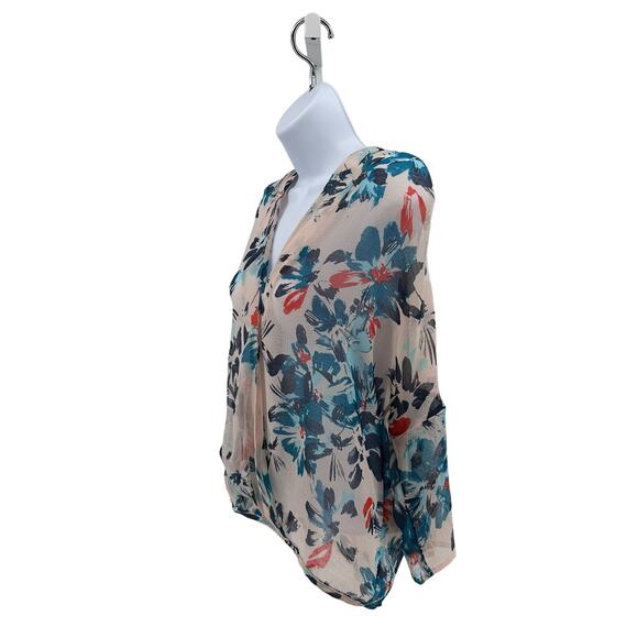Chelsea 28 Pink Teal Floral Sheer Blouse Womens XS 3/4 Sleeve V-Neck Wrap Front - Picture 4 of 6